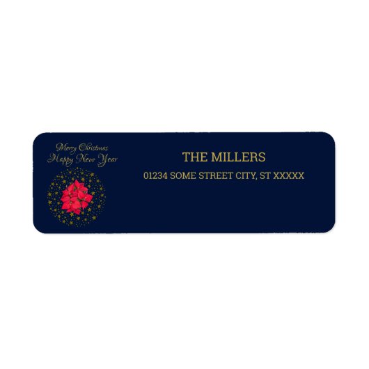 Rode Poinsettia Plant op glinsterende sterrenblauw Etiket (Voorkant)