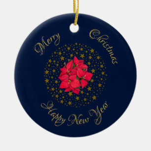 Rode Poinsettia Plant op glinsterende sterrenblauw Keramisch Ornament