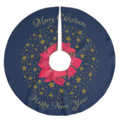 Rode Poinsettia Plant op glinsterende sterrenblauw Kerstboom Rok (Voorkant)