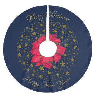 Rode Poinsettia Plant op glinsterende sterrenblauw Kerstboom Rok