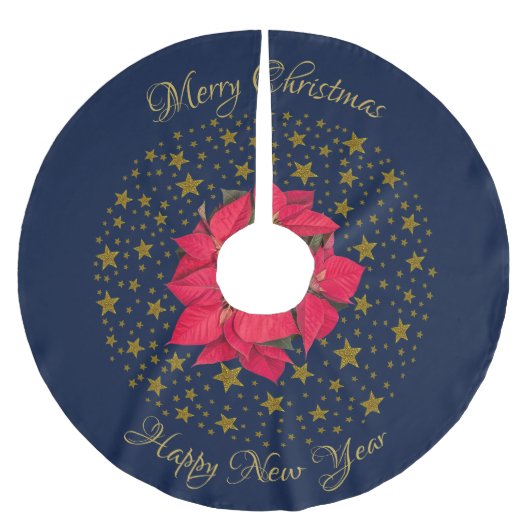 Rode Poinsettia Plant op glinsterende sterrenblauw Kerstboom Rok (Voorkant)