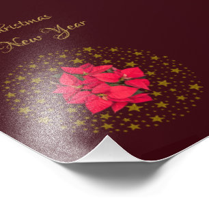 Rode Poinsettia Plant op glinsterende sterrenhemel Foto Afdruk