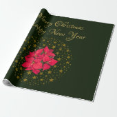 Rode Poinsettia Plant op glitter sterrengroene luc Cadeaupapier (Uitgerold)
