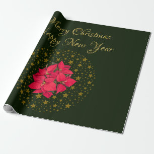 Rode Poinsettia Plant op glitter sterrengroene luc Cadeaupapier