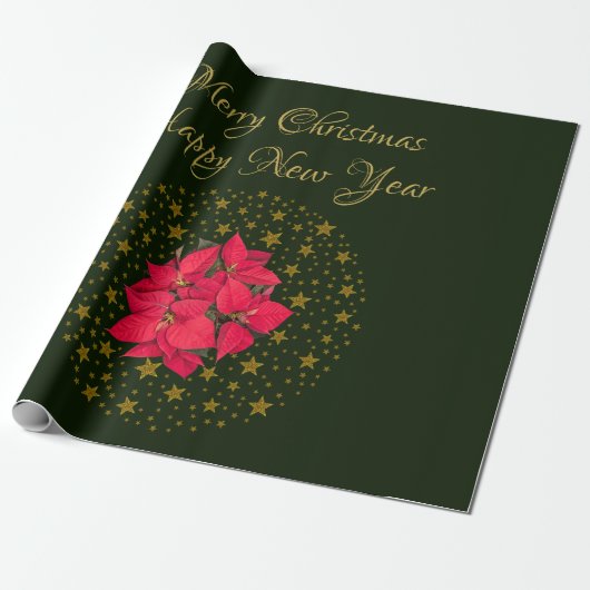Rode Poinsettia Plant op glitter sterrengroene luc Cadeaupapier (Uitgerold)