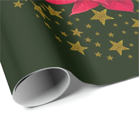 Rode Poinsettia Plant op glitter sterrengroene luc Cadeaupapier (Rol Hoek)