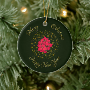 Rode Poinsettia Plant op glitter sterrengroene luc Keramisch Ornament