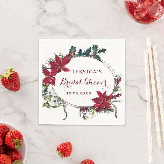 Rode Poinsettia Prettig Kerstmis Bruidsfeestje Pap Servet (Insitu)