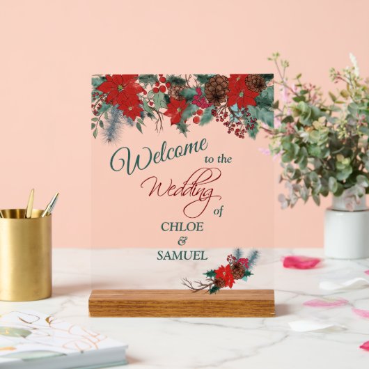 Rode Poinsettia Rand Trouw Welkom Acryl Bord (Huwelijk)