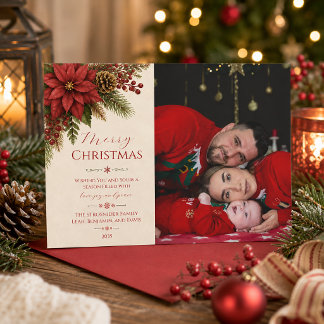 Rode Poinsettia Rustische Kerst Foto | Feestdagenkaart