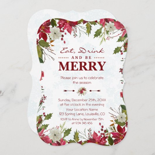 Rode Poinsettia Sneeuwvlokken Eet Drink en wees vr Kaart (Voorkant / Achterkant)