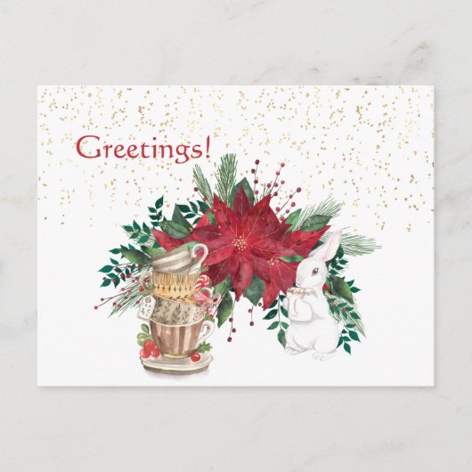  Rode Poinsettia Teacups konijn kerst Briefkaart (Voorkant)