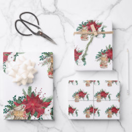  Rode Poinsettia Teacups konijn kerst Inpakpapier Vel