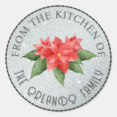 Rode poinsettia uit de keuken kerstglitter ronde sticker (Voorkant)