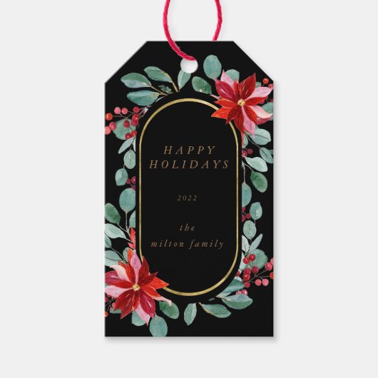 Rode Poinsettia Vakantie Bloemen Monogram Cadeau L Cadeaulabel (Voorkant)