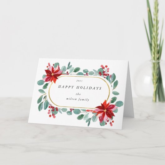 Rode Poinsettia Vakantie Bloemen Monogram Gevouwen Kaart (Voorkant)