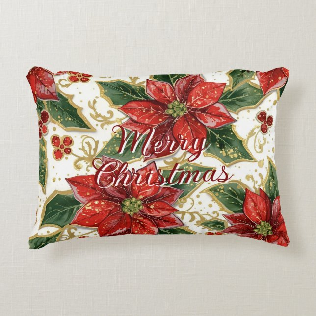 Rode Poinsettia Vrolijke Kerstbloemen Accent Kussen (Voorkant)