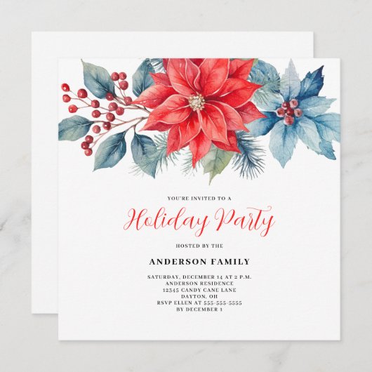 Rode Poinsettia Waterverf Kerstmis Kaart (Voorkant / Achterkant)