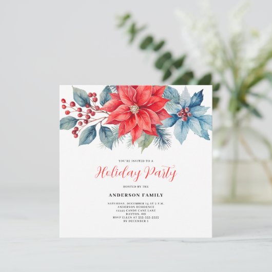 Rode Poinsettia Waterverf Kerstmis Kaart (Staand voorkant)