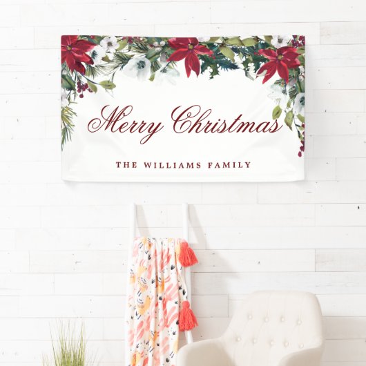 Rode Poinsettia Waterverf Vrolijke Kerstvakantie Spandoek (Insitu)