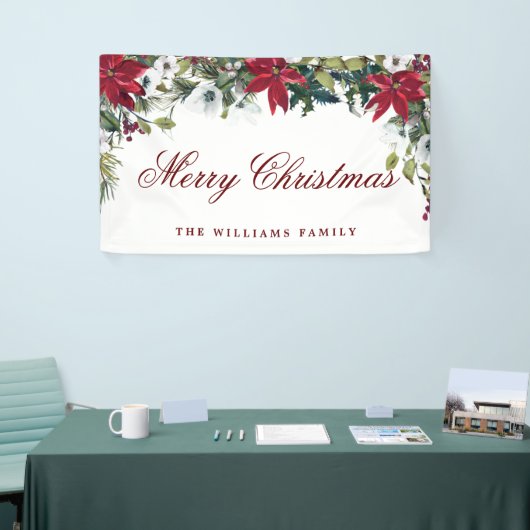 Rode Poinsettia Waterverf Vrolijke Kerstvakantie Spandoek (Beurs)