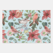 Rode Poinsettia Winter Birds Kerstmis Inpakpapier Vel (Voorkant)