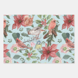  Rode Poinsettia Winter Birds Kerstmis Inpakpapier Vel