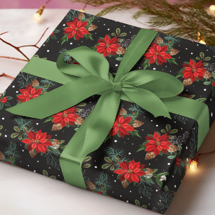 Rode Poinsettia Winter Bloem Kerst Patroon Cadeaupapier