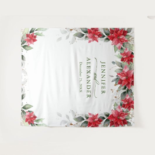 Rode Poinsettia Winter Bruiloft Photo Booth Achter Wandkleed (Voorkant (horizontaal))