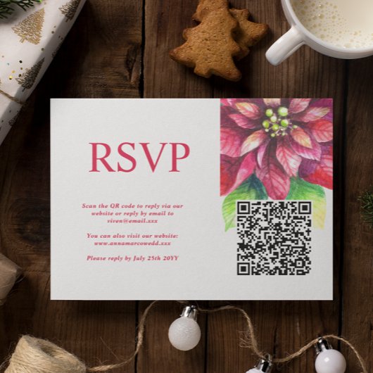 Rode Poinsettia Winter Kerstmis Bruiloft QR Code RSVP Kaartje