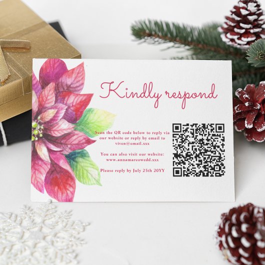 Rode Poinsettia Winter Kerstmis Bruiloft QR Code RSVP Kaartje