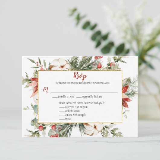 Rode Poinsettia Wintergroene Kerstmis Goud RSVP (Staand voorkant)