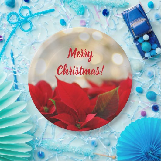 Rode Poinsettia Wit Goud Bokeh Vrolijk Kerstfeest Papieren Bordje (Feest)