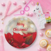 Rode Poinsettia Wit Goud Bokeh Vrolijk Kerstfeest Papieren Bordje (Feest)