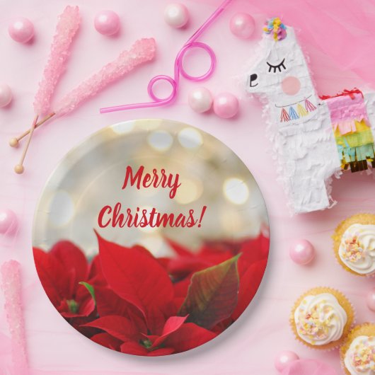 Rode Poinsettia Wit Goud Bokeh Vrolijk Kerstfeest Papieren Bordje (Feest)