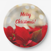 Rode Poinsettia Wit Goud Bokeh Vrolijk Kerstfeest Papieren Bordje (Voorkant)