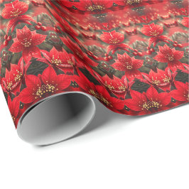 Rode Poinsettia's en Bessen Kerst Inpakpapier