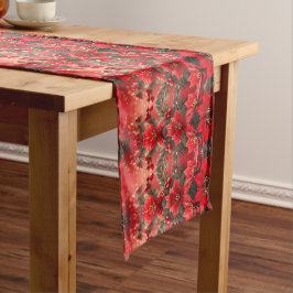 Rode Poinsettia's en Bessen Kersttafel Runner Medium Tafelloper
