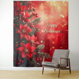 Rode Poinsettia's en Bessen Vakantie Achtergrond Wandkleed