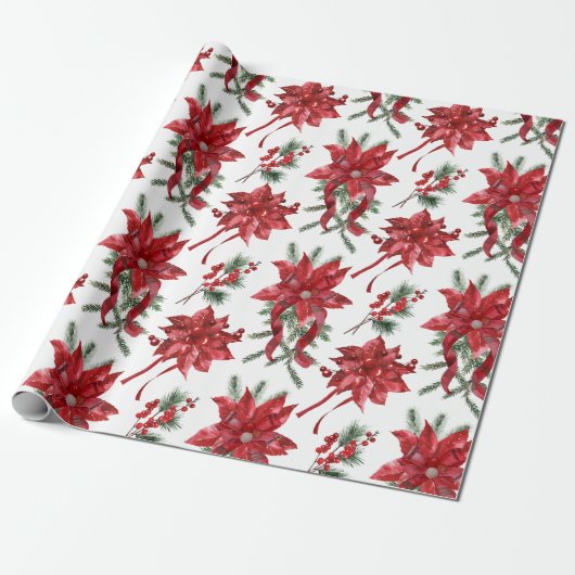 Rode poinsettia's en strikken cadeaupapier (Uitgerold)
