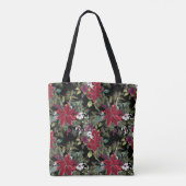 Rode poinsettia's en witte bloemen op zwart tote bag (Achterkant)