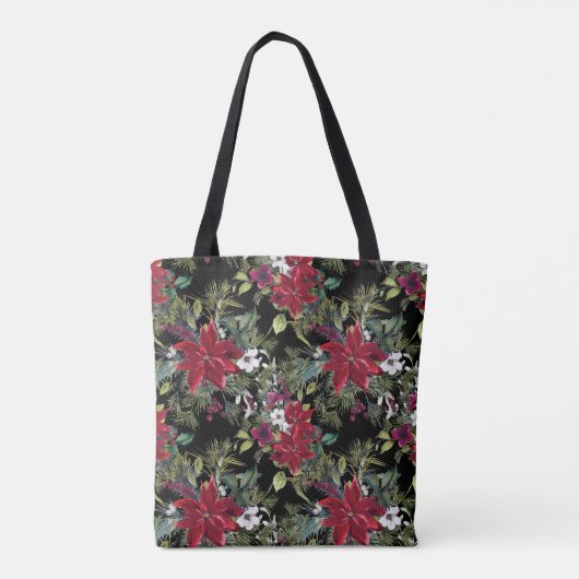 Rode poinsettia's en witte bloemen op zwart tote bag (Achterkant)