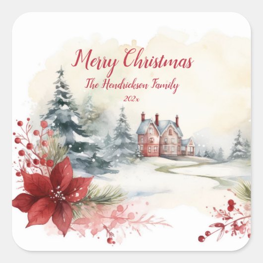 Rode Poinsettias Groene Pijnbomen Kerstmis Vierkante Sticker (Voorkant)