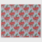 Rode Poinsettias Lintbogen Lattice Dusty Blue Cadeaupapier (Vlak)