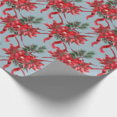 Rode Poinsettias Lintbogen Lattice Dusty Blue Cadeaupapier (Hoek)