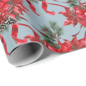 Rode Poinsettias Lintbogen Lattice Dusty Blue Cadeaupapier (Rol Hoek)