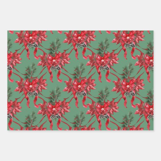 Rode Poinsettias Lintbogen Lattice groen rood goud Inpakpapier Vel (Voorkant)
