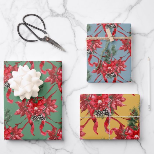 Rode Poinsettias Lintbogen Lattice groen rood goud Inpakpapier Vel (Voorkant)