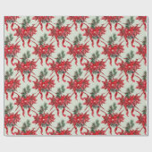 Rode Poinsettias Lintbogen Lattice Sage Groen Cadeaupapier (Vlak)