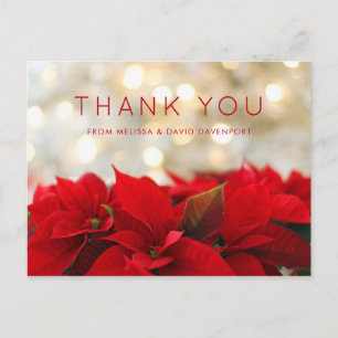 Rode Poinsettia's met Gouden Bokeh Kerst Dank Briefkaart